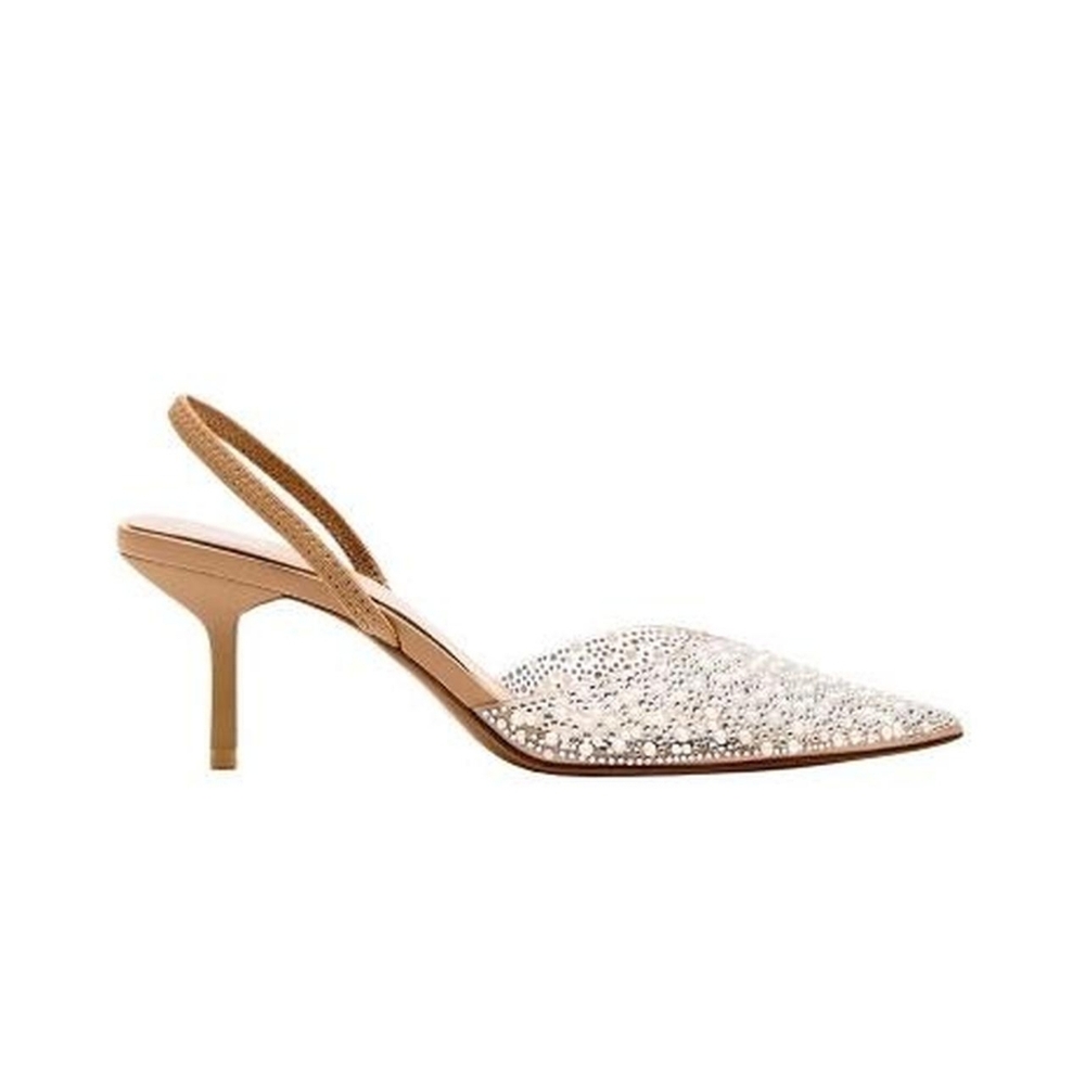 Zara Silver and Tan Pearl Slingback Pointed Toe Heels